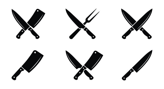 Professional butcher knife set, crossed kitchen cleaver and chef blade icons, black silhouette culinary tools for restaurant branding and steakhouse logos