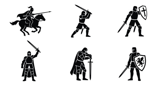 Medieval knight silhouettes set, 6 warrior icons in black armor, armored crusader with sword and shield, cavalry soldier on horse vector