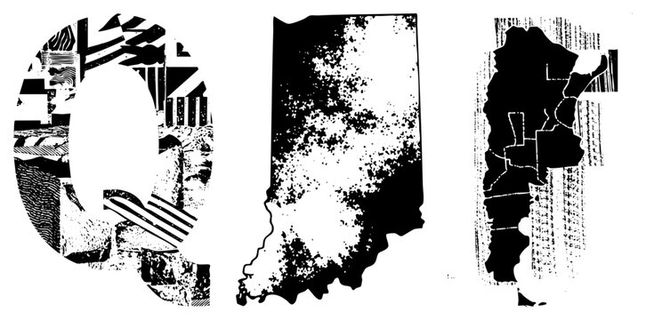 Geometric letter Q filled with varied halftone, Indiana silhouette with speckled texture, Pennsylvania map with distressed, all in vector art.