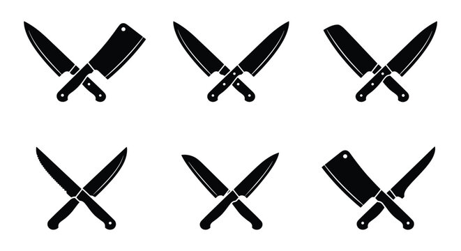 Professional chef knife set icons, crossed kitchen knives and meat cleaver silhouettes, 6 culinary blade vector elements for restaurant branding