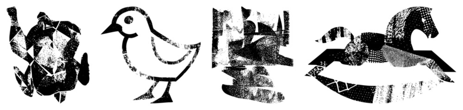 Stylized bird, turtle, deer, and rocking horse rendered in fragmented halftone, vector art, minimalist design, black and white, graphic illustration.