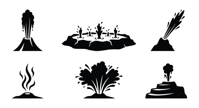 Geyser and volcano eruption icons set, black silhouette hot spring and thermal vent symbols, 6 vector elements of geothermal activity