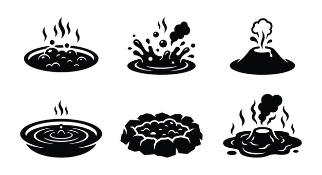 Geothermal hot spring icons set, volcanic geyser and boiling mud pool silhouettes, 6 thermal energy vector elements for geology maps