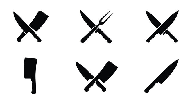 Professional chef knife icons set, black butcher cleaver and crossed kitchen cutlery silhouettes, 6 vector culinary tool elements for restaurant branding