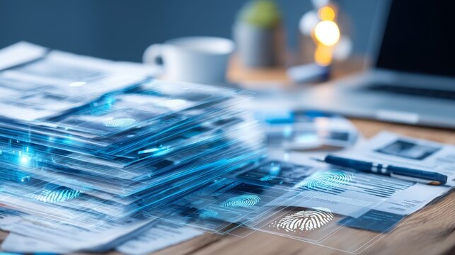 Cluttered Wooden Desk Displaying Papers, Documents, and Digital Fingerprints