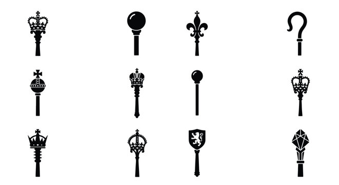 Royal scepter icon set, 12 black vector silhouettes of ceremonial maces and regal staffs, heraldic monarch symbols for coronation and authority