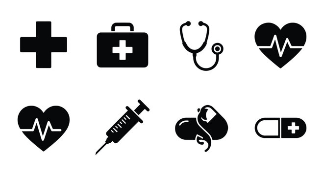 Medical icon set with 8 black vector elements, healthcare symbols for hospital apps, stethoscope and first aid kit icons, heartbeat and medicine graphics