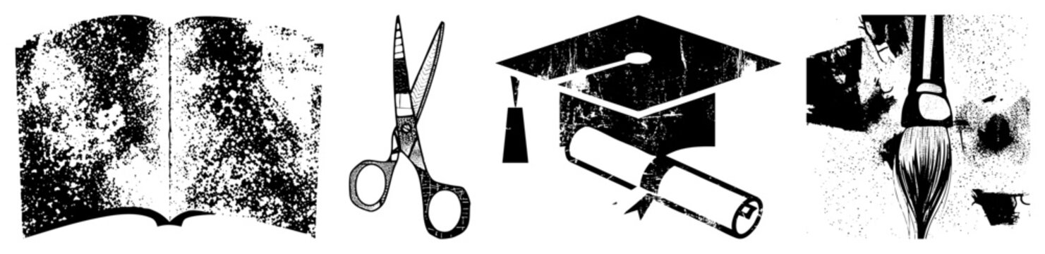 Educational symbols including open book, scissors, graduation cap, and paintbrush, representing learning, art, and academic achievement.