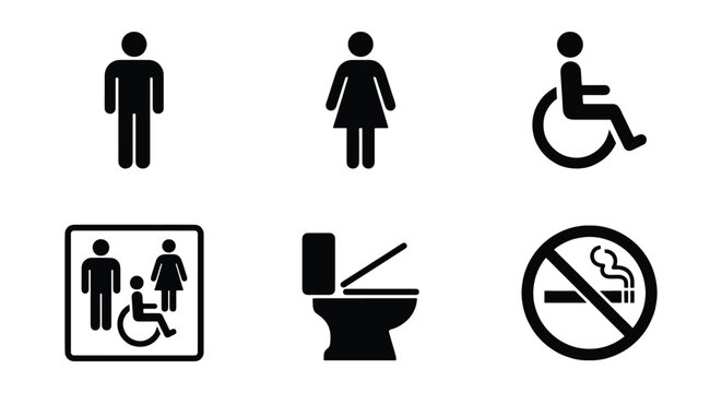 Restroom sign icons set, black bathroom symbols for male and female, disabled wheelchair access and no smoking vector silhouettes