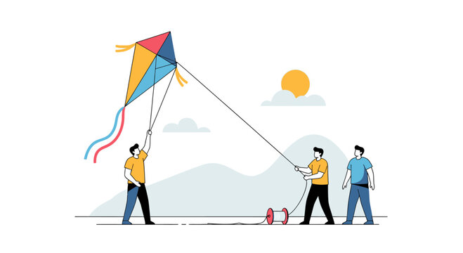 Men flying colorful kite outdoors together.