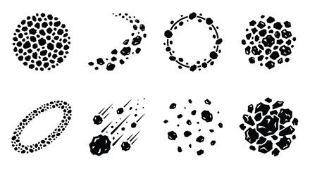 Hand drawn asteroid and meteor icons, set of 8 black ink space rock illustrations, celestial comet and asteroid belt vector elements for science design © Arif