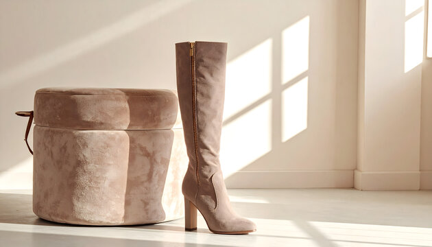 Thigh high boot in taupe suede draped on a velvet ottoman in a sunlit dressing room with gold zipper detail generative AI
