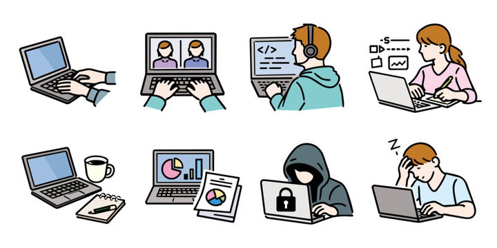 ノートPC作業のシーンセット 線画イラスト・カラー・ベクター / Laptop Work Scene Line Icons Set, Remote Work, Coding, Online Meeting, color, vector