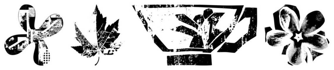 Obraz premium Abstract emblem set with stylized fan, leaf, cup, and flower shapes, rendered in high contrast vector art with distressed textures and geometric forms.