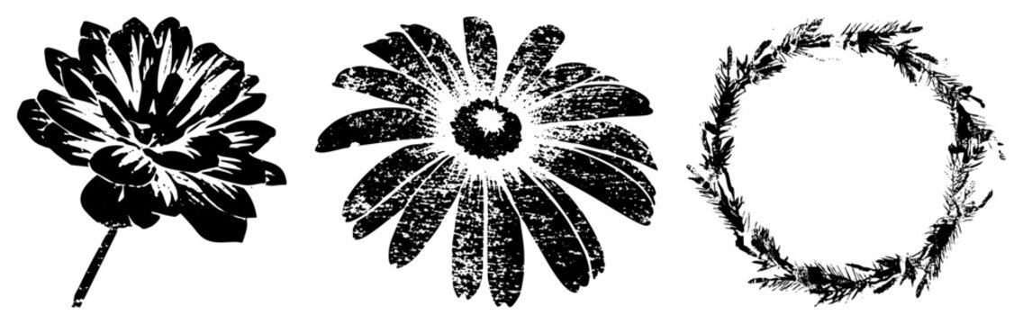 Stylized black and white illustrations with halftone texture, including dahlia, daisy, and pine wreath, ideal for print or digital design projects.