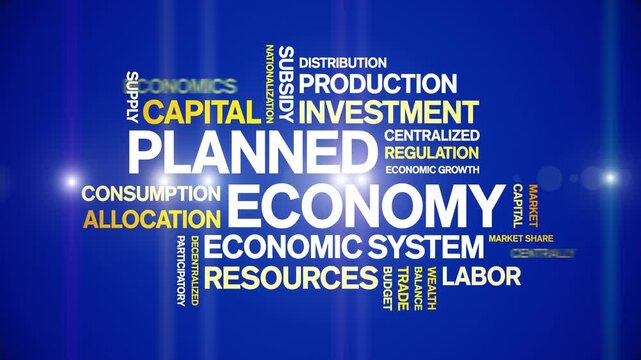 Planned Economy animated word cloud-text design animation tag kinetic typography seamless loop.