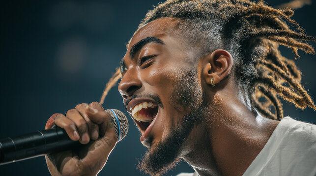 Reggae Simfest, Reggae singer performing live on stage with microphone expressive vocals and dreadlocks hairstyle during energetic music festival concert night
