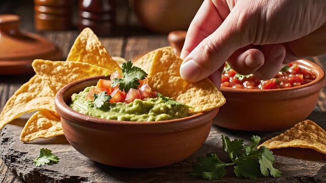 Mano sumergiendo un totopo de ma&iacute;z en guacamole fresco con pico de gallo. Aperitivo mexicano aut&eacute;ntico para fiestas de Cinco de Mayo, men&uacute;s de comida y snacks para eventos.