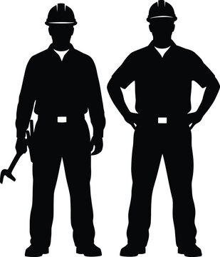 Construction worker silhouettes, industrial builder icons, male engineer vector graphics