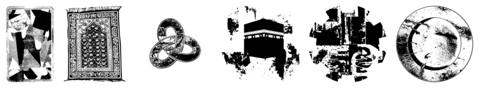 Halftone Islamic geometric design, Kaaba silhouette, prayer rug motif, trinity knot, circular sacred geometry, religious, spiritual symbolism, abstract sacred art.