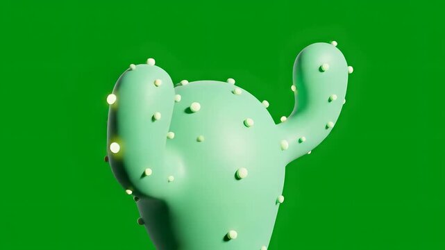 Cactus 3D giratorio animado sobre fondo verde croma. Elemento visual para celebraciones de Cinco de Mayo, publicidad mexicana, dise&ntilde;o gr&aacute;fico minimalista y temas de desierto.