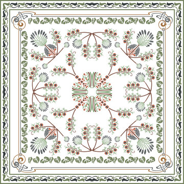 Vintage floral art nouveau scarf print. Symmetrical botanical vector for textile and square silk shawl design.