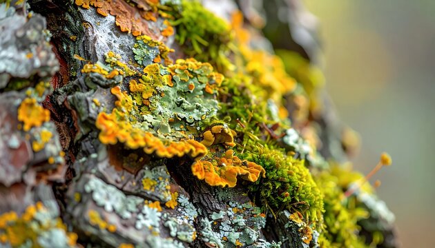 Colorful Lichen and Moss on Tree Bark in Forest.