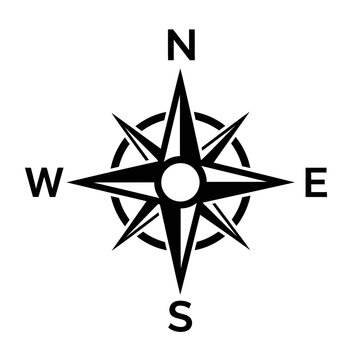 Black compass rose showing cardinal directions north south east west.