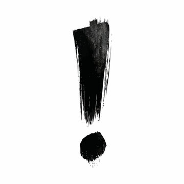 Black ink exclamation mark symbol painted on white background.