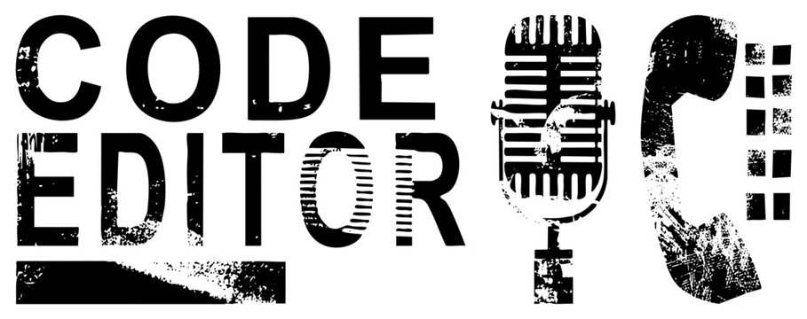 Typing interface logo featuring distressed typography, vintage microphone, and retro phone, ideal for dev tools or culture. Synonyms code writer, programmer, software dev emblem.