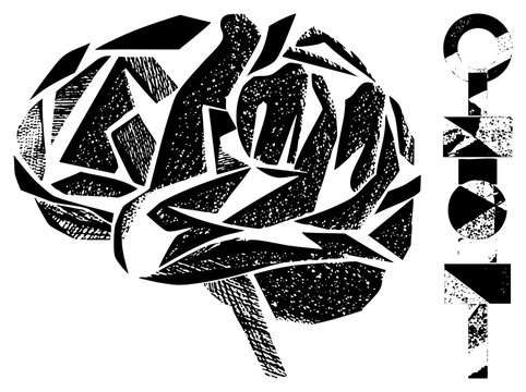 Stylized brain composed of fragmented geometric shapes with halftone texture, isolated vector graphic, brain illustration, cognitive symbol, neurology.