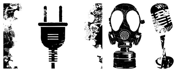 Naklejka premium Stylized vector symbols with distressed textures, electrical plug, respirator mask, vintage mic, aerosol can, urban stencil art, gritty design.