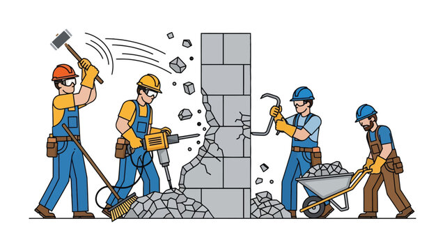 Construction Crew Demolishing a Wall: A team of construction workers is diligently demolishing a concrete wall. Each worker plays a unique role with various tools.