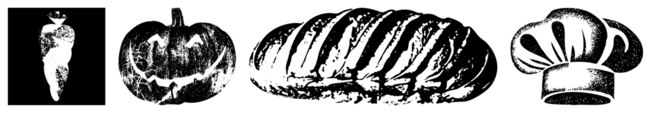 Stylized Halloween pumpkin with carved grin, carrot silhouette, braided bread loaf, chef hat all vector graphics in black and white with halftone texture.