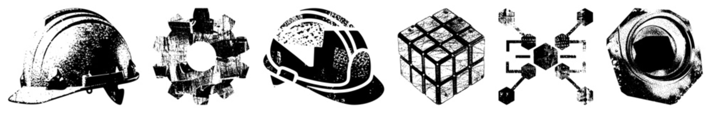 Set of construction tools including hard hat, gear wheel, cube puzzle, network nodes, and bolt nut, rendered in halftone dot, isolated vector graphic for UI design.