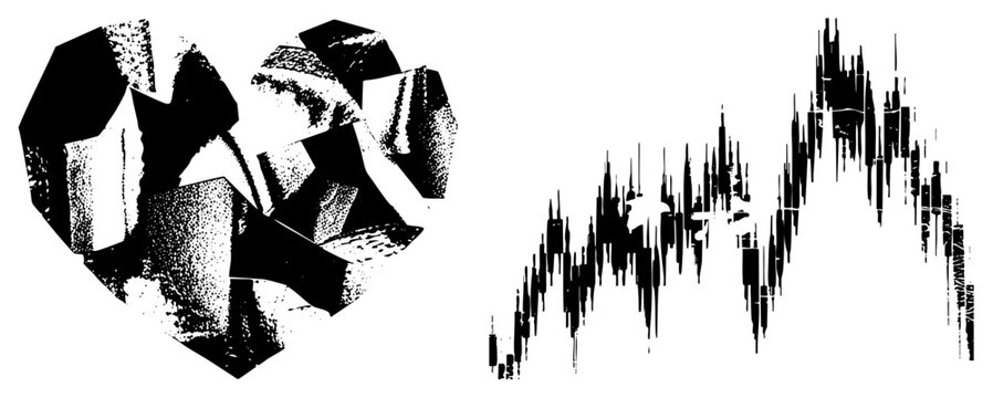 Broken heart made of angular facets, halftone texture, paired with jagged chart, vector art, emotional finance symbolism, black and white design.