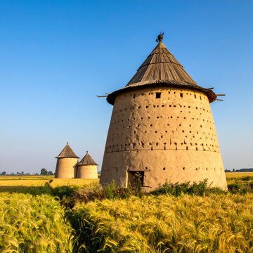 Traditional dovecotes stand majestically in a golden wheat field under a clear blue sky.