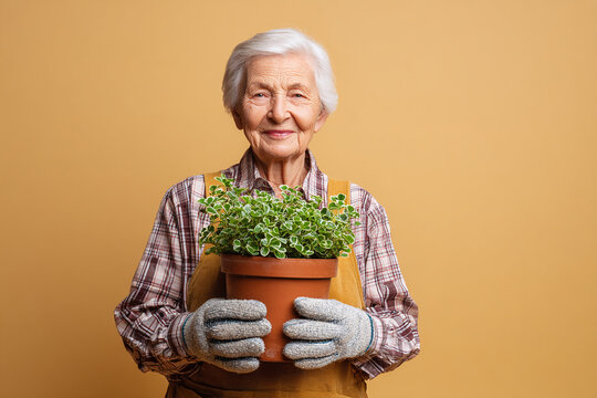 senior woman holding plant