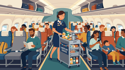 Obraz premium Flight Attendant Serving Passengers on Commercial Airplane for Labor Day
