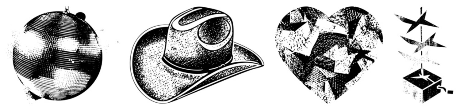 Retro disco ball with halftone shading, classic cowboy hat in style, fragmented heart puzzle, star windmill spinner all isolated vector graphics with alpha channel transparency.