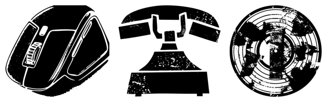 Retro tech symbols including computer mouse, rotary telephone, and vinyl record, stylized with distressed texture, isolated vector graphics for digital use.