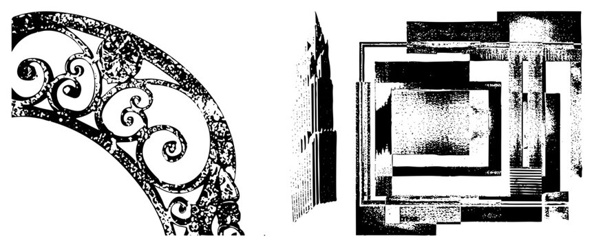 Decorative wrought iron scroll design, stylized architectural ornament, halftone texture, vector art, isolated elements, art deco motif, graphic.
