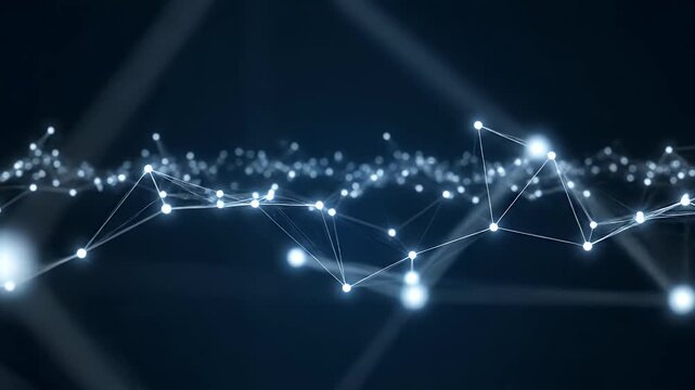 A futuristic abstract image showcases a network of interconnected nodes and lines against a dark blue background, suggesting complex data relationships and technological innovation.