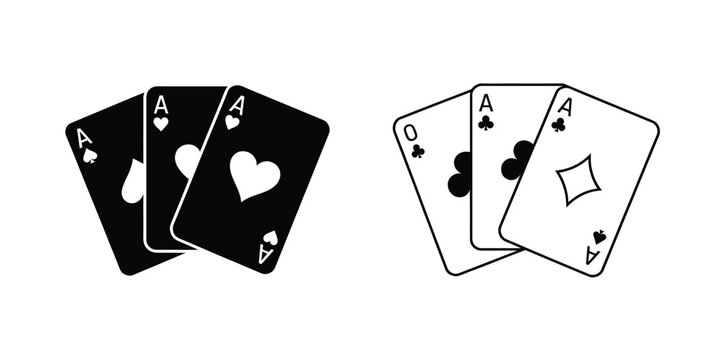Fanned playing cards icon design in black and white with classic suits clean silhouettes for poker casino graphics isolated on white background