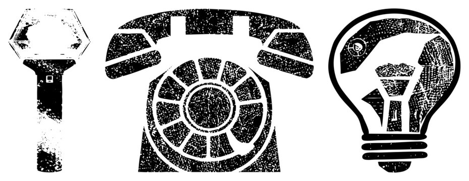 Retro communication including flashlight, rotary telephone, and lightbulb, stylized with distressed texture, ideal for tech or nostalgia themes.