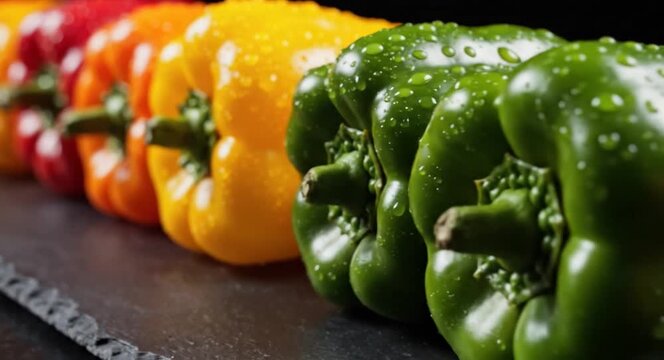 A vibrant row of fresh bell peppers in varying colors, glistening with water droplets on a dark surface.