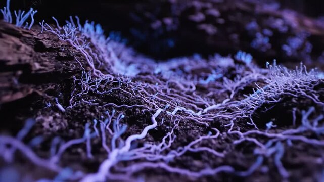 An intricate, glowing network of bioluminescent mycelium branching across a dark, natural substrate