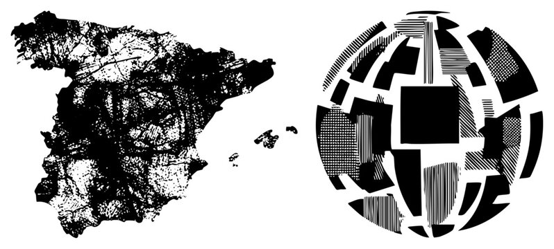 Stylized globe with halftone and fragmented shapes, paired with textured Spain map silhouette, vector graphic design, isolated elements, modern minimalism.