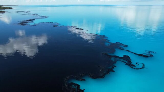 Vast dark oil spill contrasts sharply with pristine azure ocean waters, highlighting environmental damage.