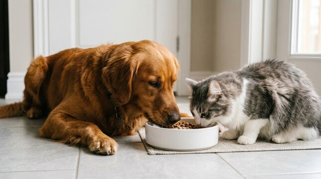 Golden retriever and gray tabby cat eat dry food from one bowl on a kitchen floor near a door, heads touching as they share a meal